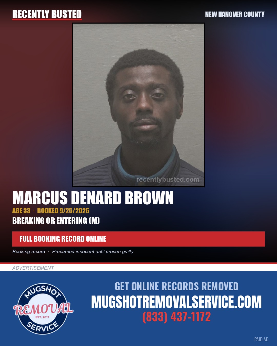 MARCUS DENARD BROWN — arrest record card, New Hanover County