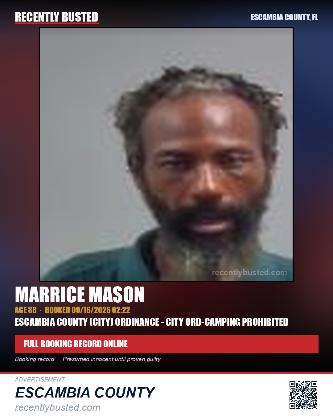 Marrice Mason — arrest record card, Escambia County, Florida