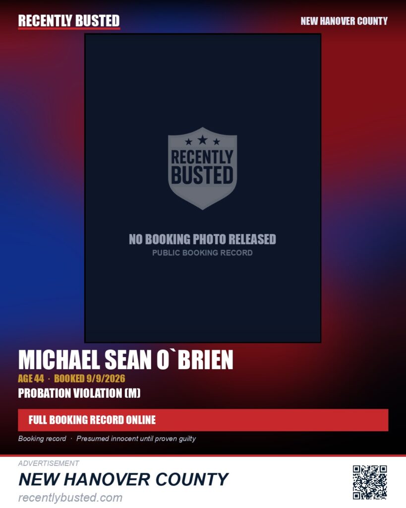 MICHAEL SEAN O`BRIEN — arrest record card, New Hanover County