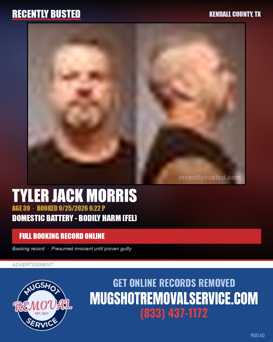 MORRIS, TYLER JACK — arrest record card, Kendall County, Illinois