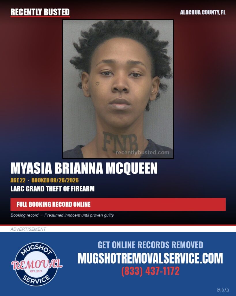 Myasia Brianna Mcqueen — arrest record card, Alachua County, Florida