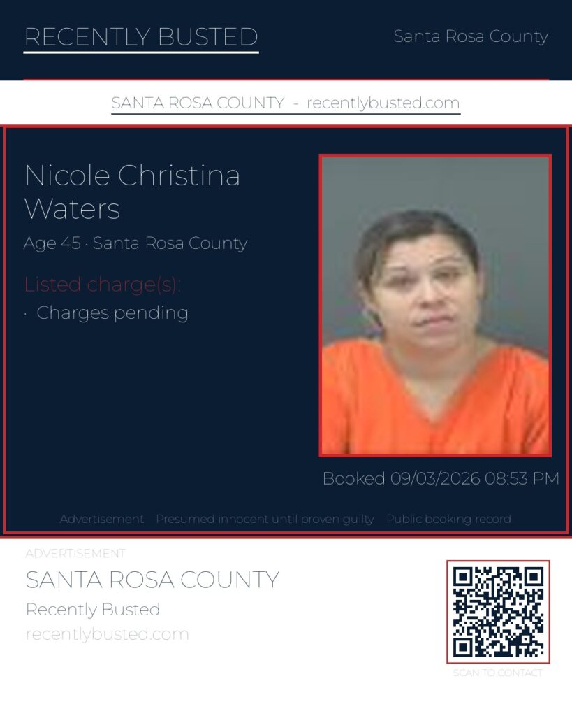 Nicole Christina Waters — arrest record card, Santa Rosa County, Florida