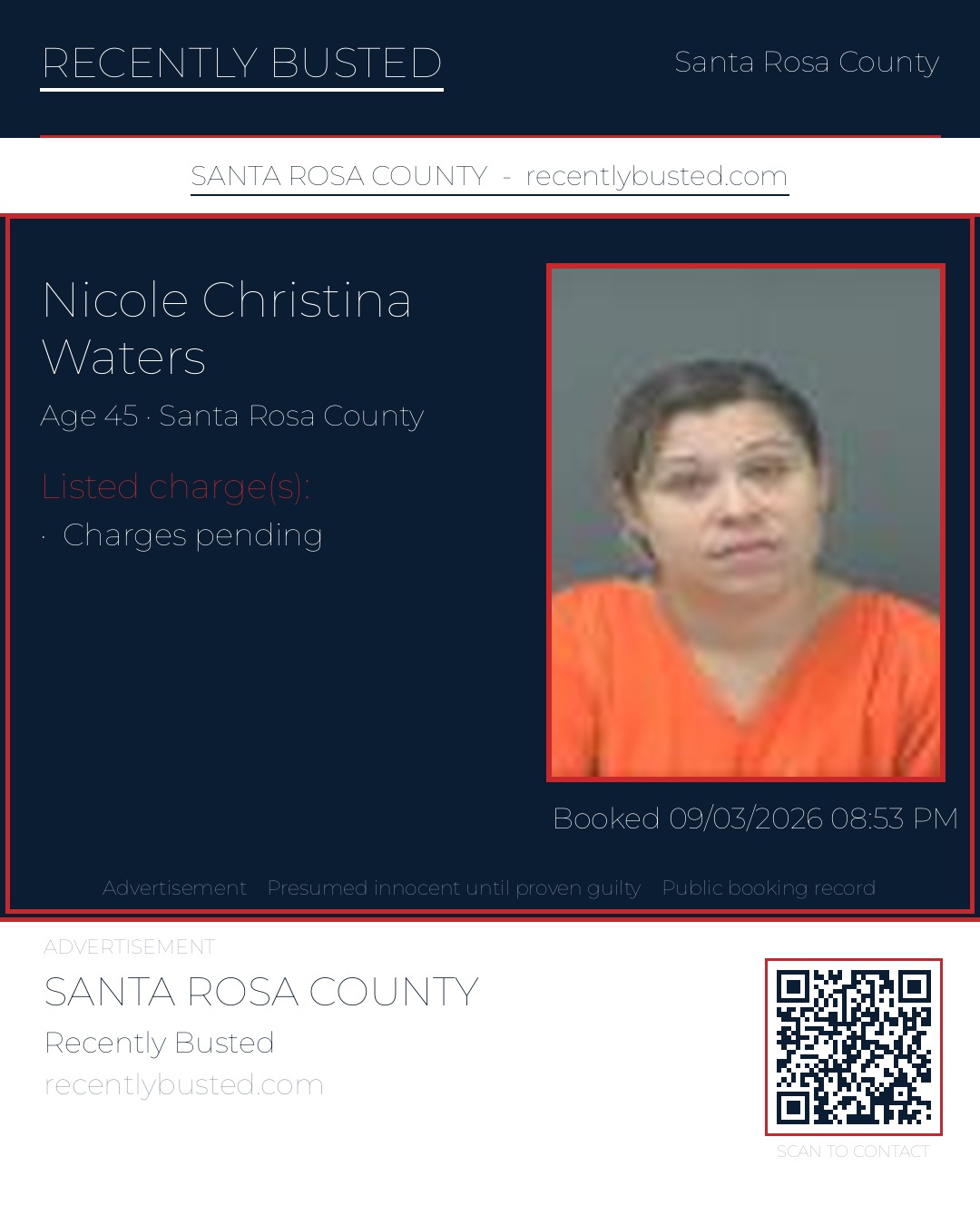 Nicole Christina Waters — arrest record card, Santa Rosa County, Florida