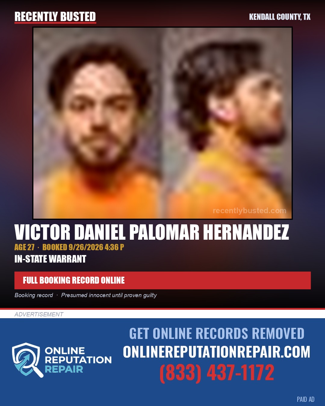 PALOMAR HERNANDEZ, VICTOR DANIEL — arrest record card, Kendall County, Illinois
