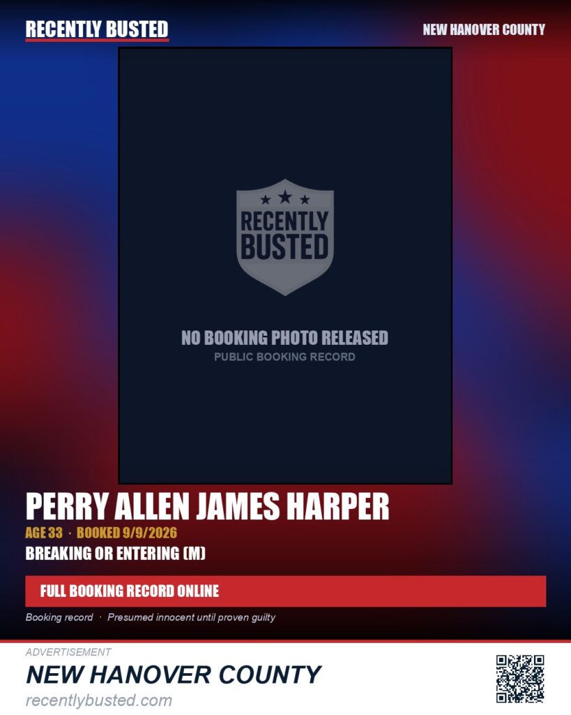 PERRY ALLEN JAMES HARPER — arrest record card, New Hanover County