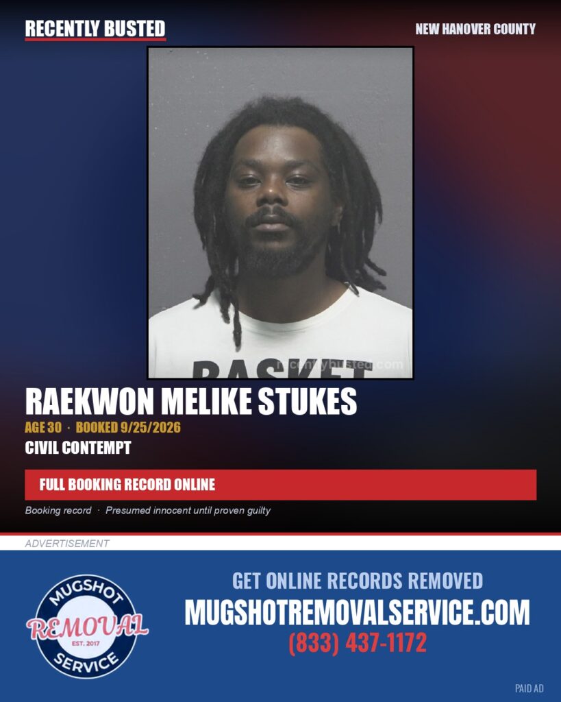 RAEKWON MELIKE STUKES — arrest record card, New Hanover