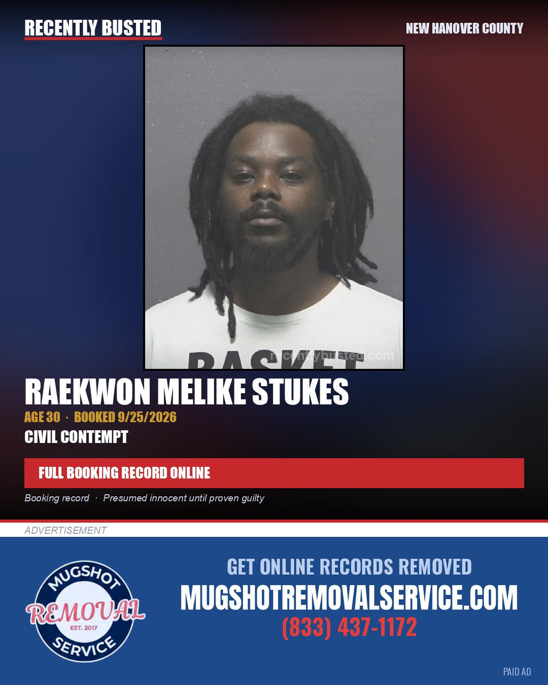 RAEKWON MELIKE STUKES — arrest record card, New Hanover County