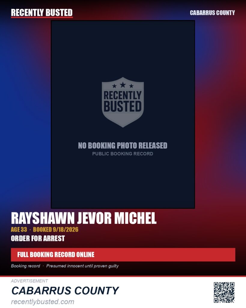 RAYSHAWN JEVOR MICHEL — arrest record card, Cabarrus County