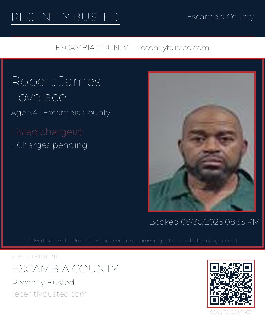 Robert James Lovelace — arrest record card, Escambia County, Florida
