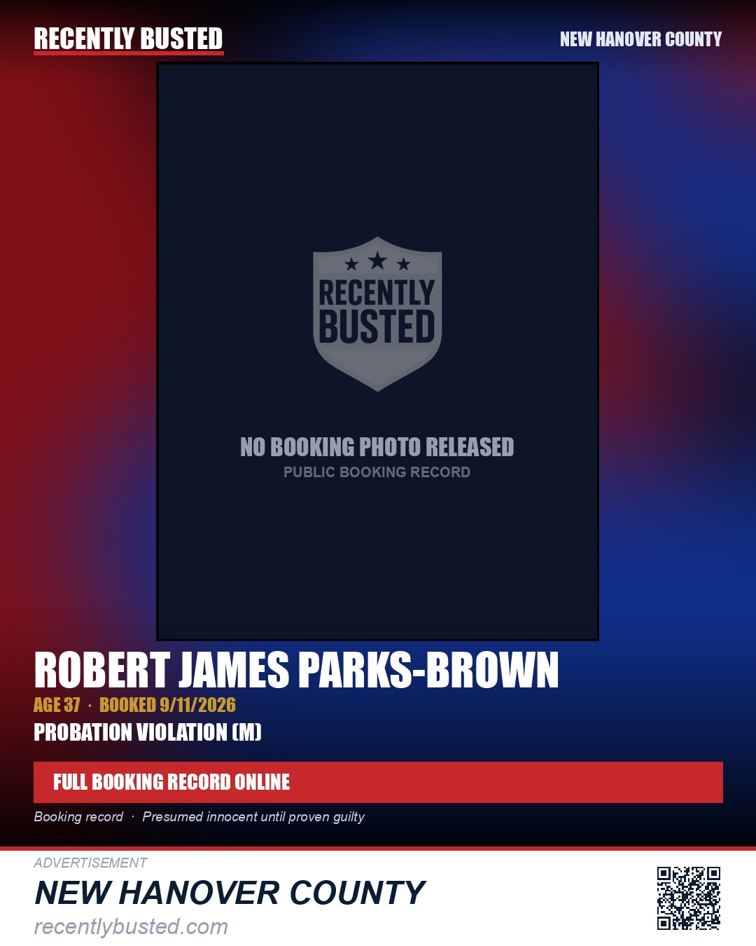 ROBERT JAMES PARKS-BROWN — arrest record card, New Hanover County