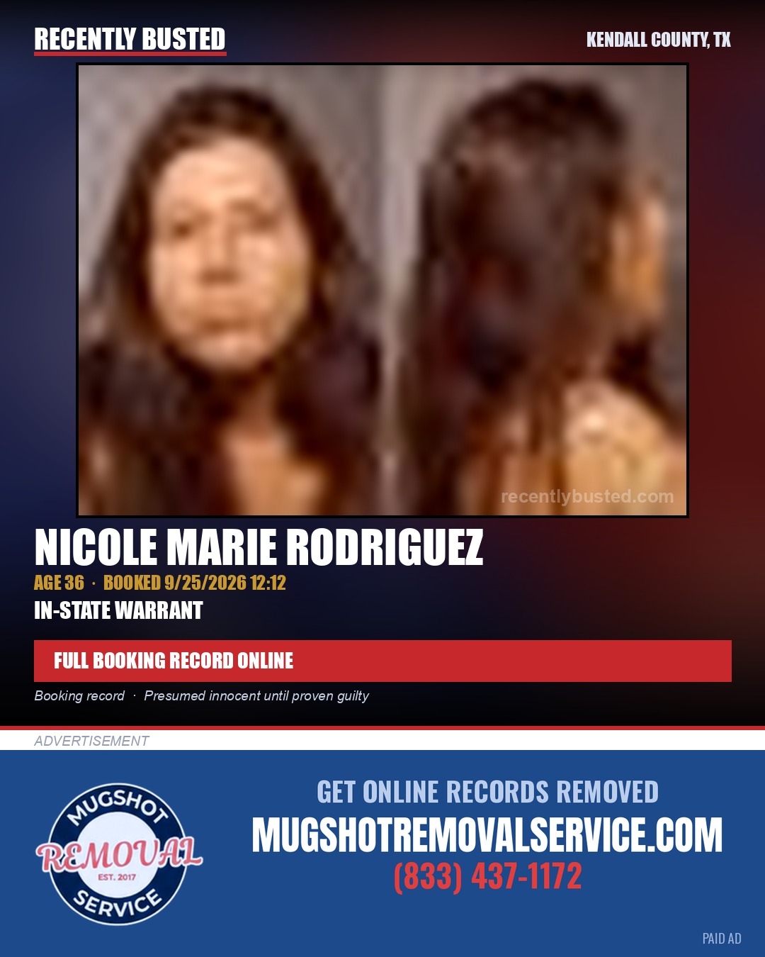 RODRIGUEZ, NICOLE MARIE — arrest record card, Kendall County, Illinois