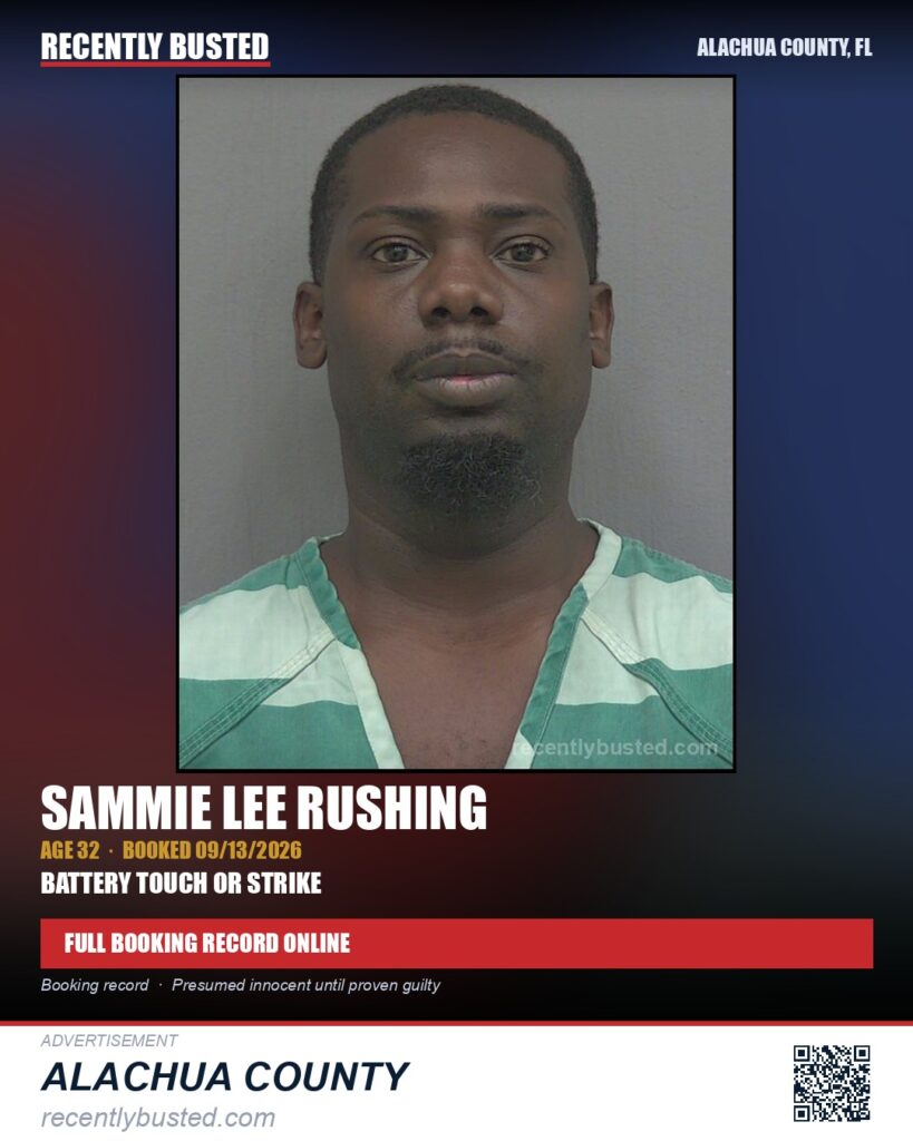 Sammie Lee Rushing — arrest record card, Alachua County, Florida