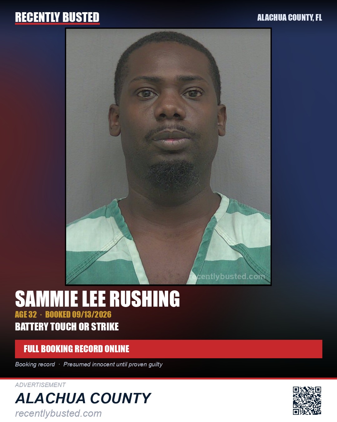Sammie Lee Rushing — arrest record card, Alachua County, Florida