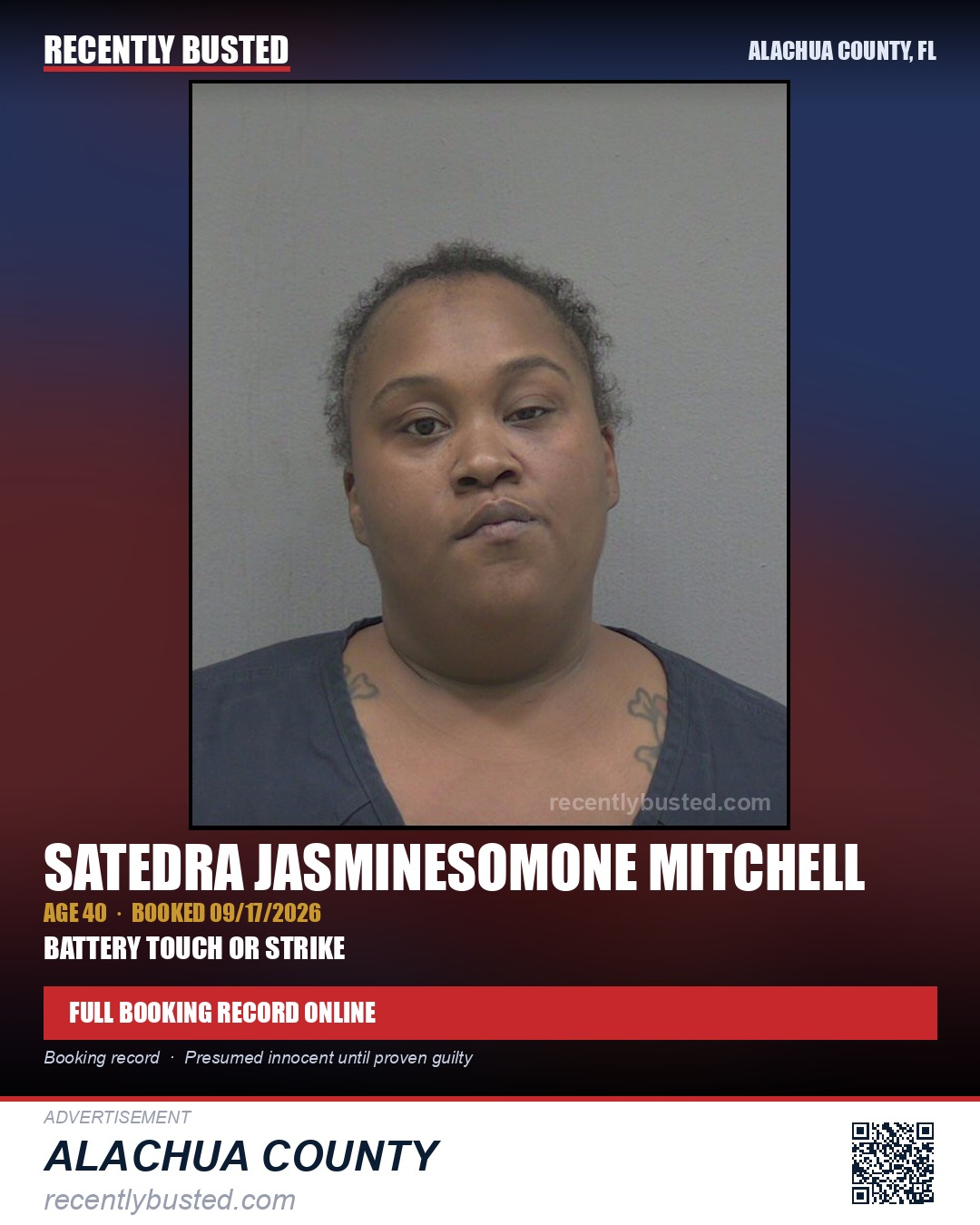 Satedra Jasminesomone Mitchell — arrest record card, Alachua County, Florida