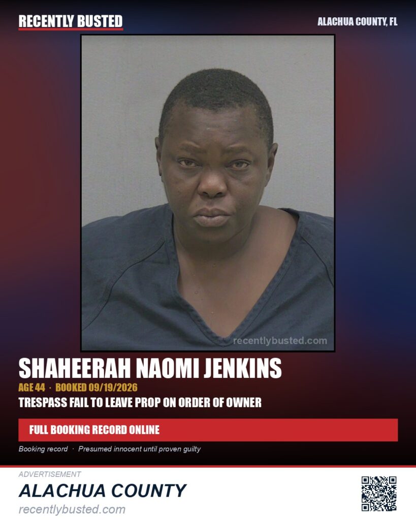 Shaheerah Naomi Jenkins — arrest record card, Alachua County, Florida
