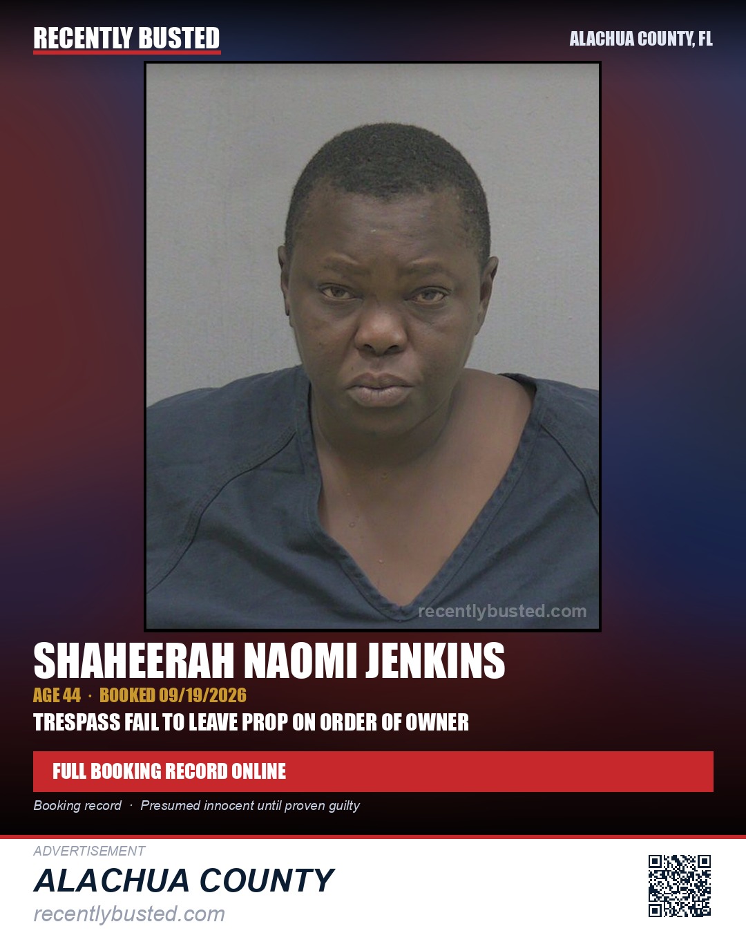 Shaheerah Naomi Jenkins — arrest record card, Alachua County, Florida