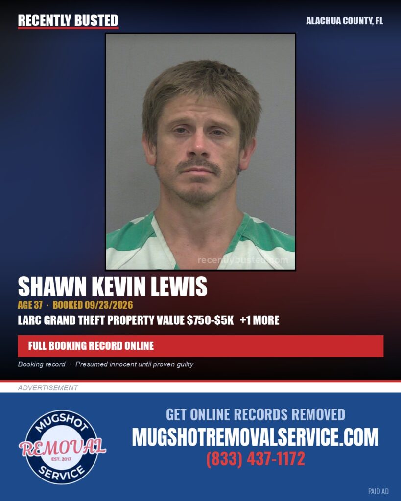 Shawn Kevin Lewis — arrest record card, Alachua County, Florida