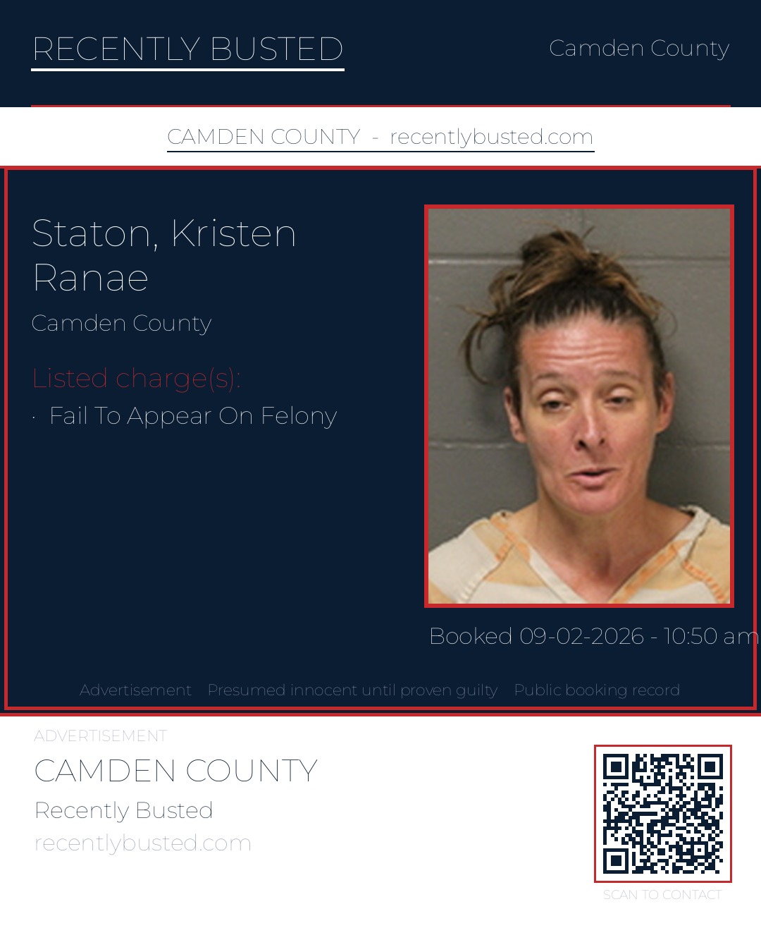 Staton, Kristen Ranae — arrest record card, Camden County