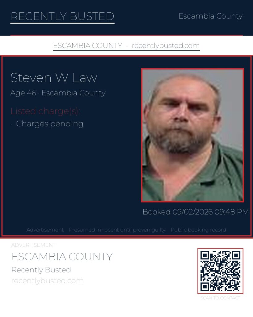 Steven W Law — arrest record card, Escambia County, Florida