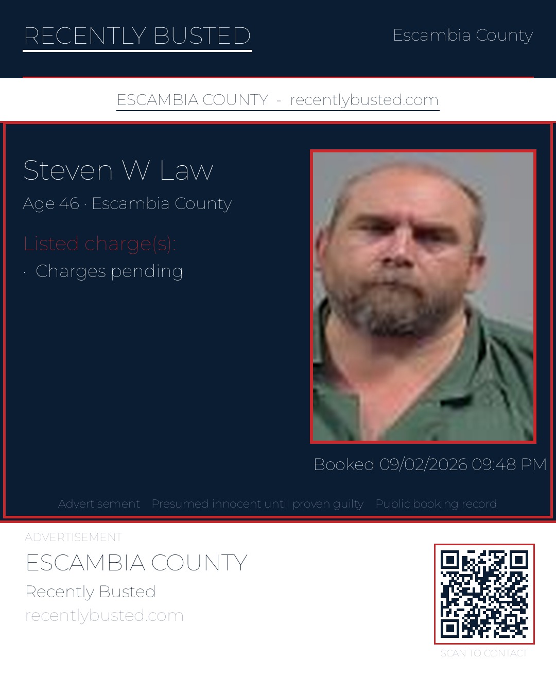 Steven W Law — arrest record card, Escambia County, Florida