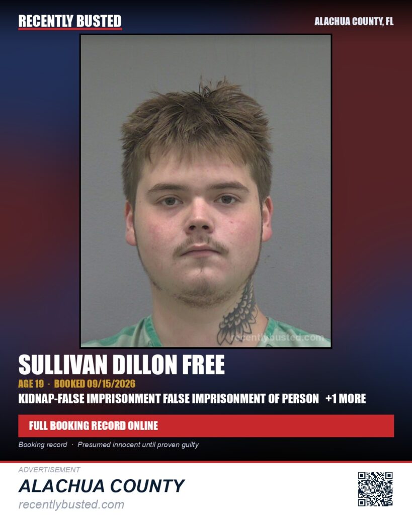 Sullivan Dillon Free — arrest record card, Alachua County, Florida