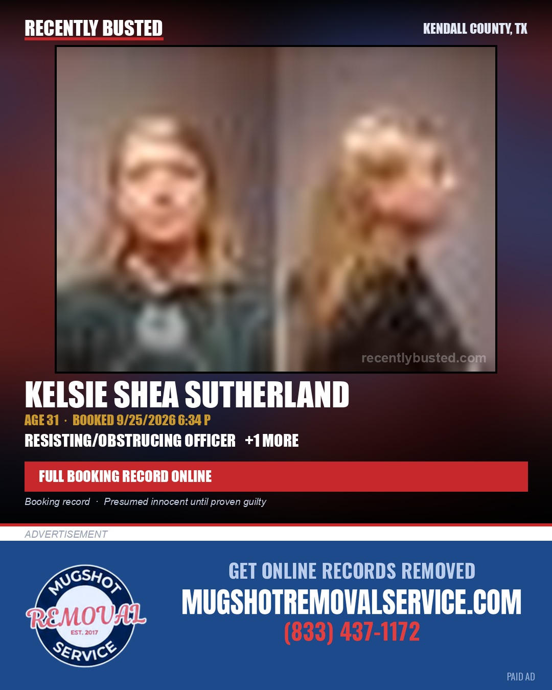SUTHERLAND, KELSIE SHEA — arrest record card, Kendall County, Illinois