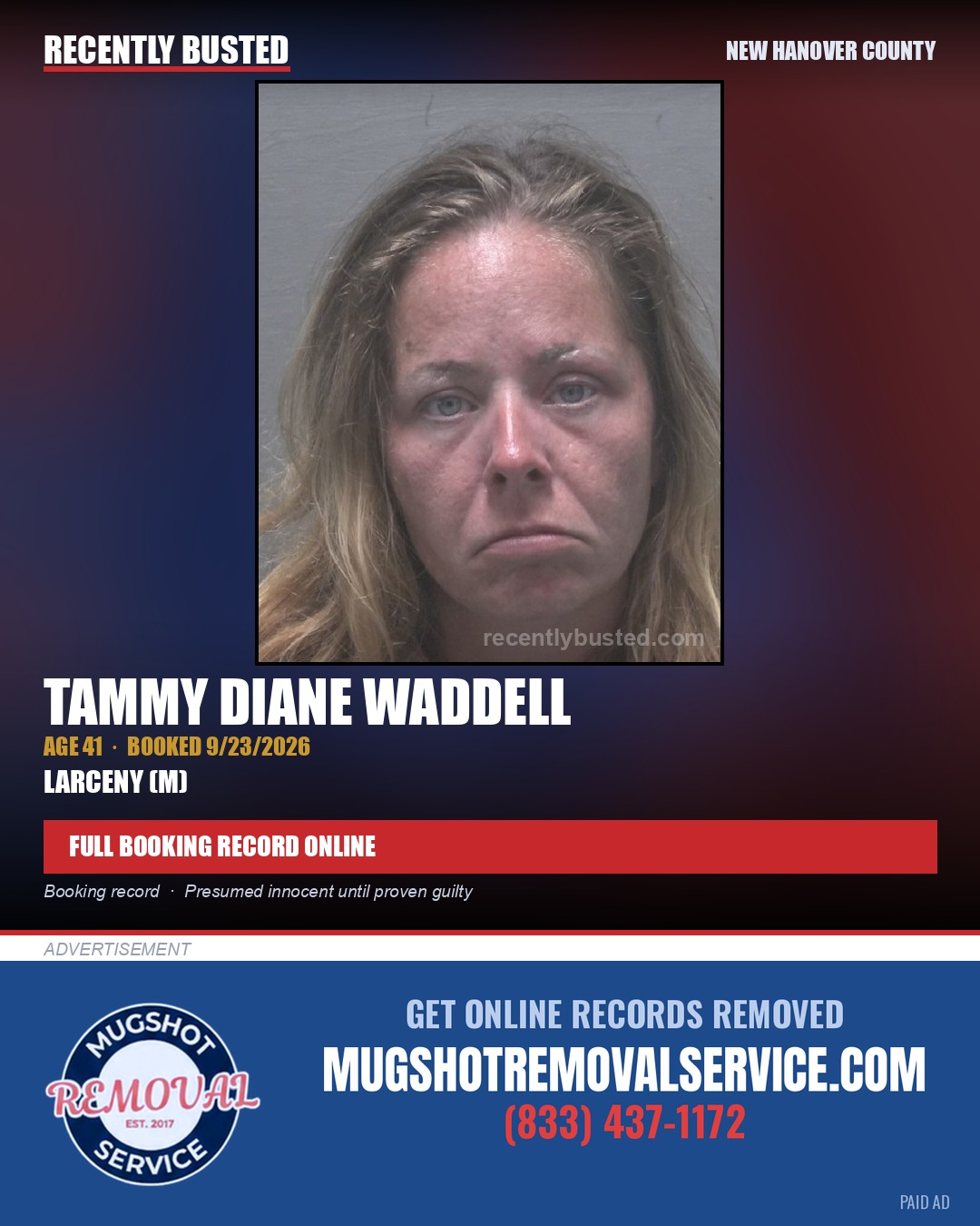 TAMMY DIANE WADDELL — arrest record card, New Hanover County