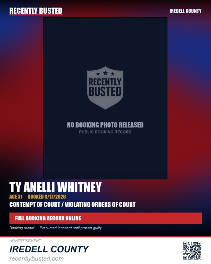 TY ANELLI WHITNEY — arrest record card, Iredell County