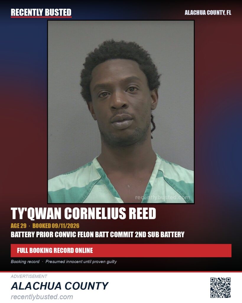 Ty'Qwan Cornelius Reed — arrest record card, Alachua County, Florida