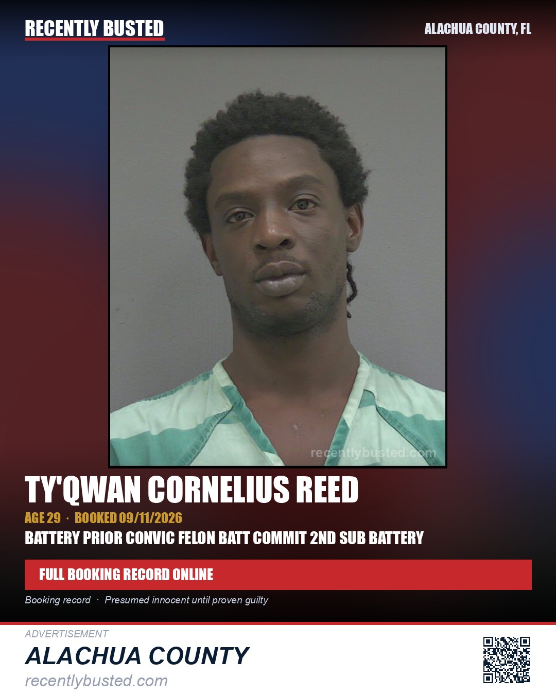 Ty'Qwan Cornelius Reed — arrest record card, Alachua County, Florida