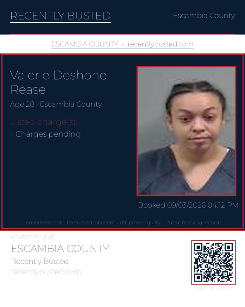 Valerie Deshone Rease — arrest record card, Escambia County, Florida