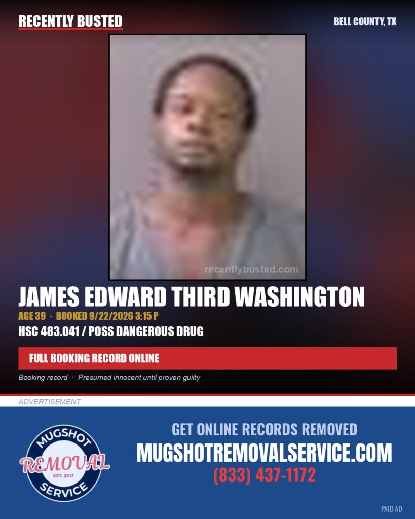 WASHINGTON, JAMES EDWARD THIRD — arrest record card, Bell County, Texas