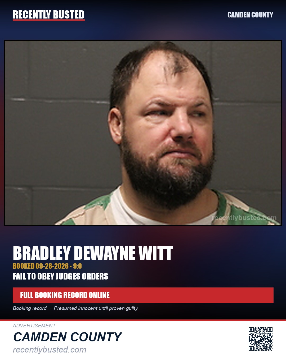 Witt, Bradley Dewayne — arrest record card, Camden County