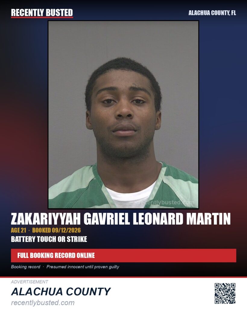 Zakariyyah Gavriel Leonard Martin — arrest record card, Alachua County, Florida