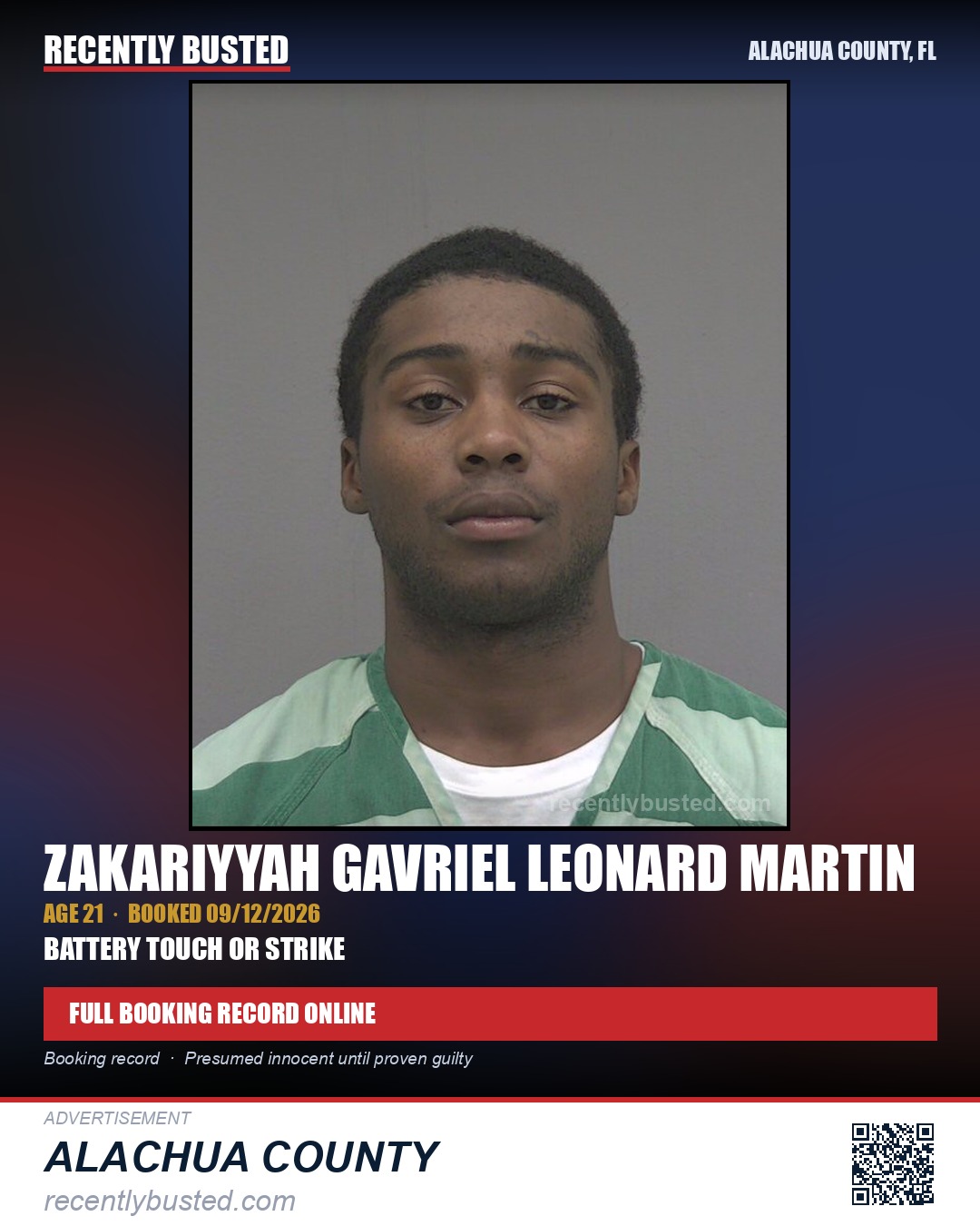 Zakariyyah Gavriel Leonard Martin — arrest record card, Alachua County, Florida