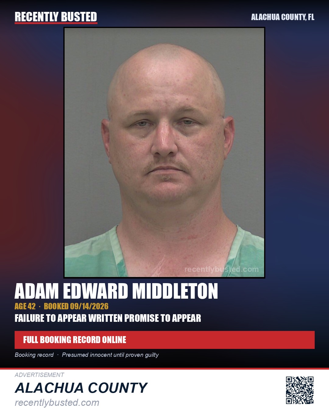 Adam Edward Middleton — arrest record card, Alachua County, Florida