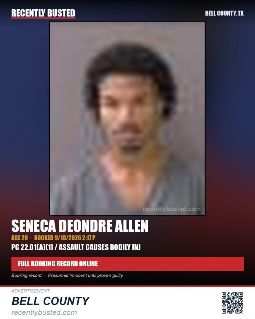 ALLEN, SENECA DEONDRE — arrest record card, Bell County, Texas