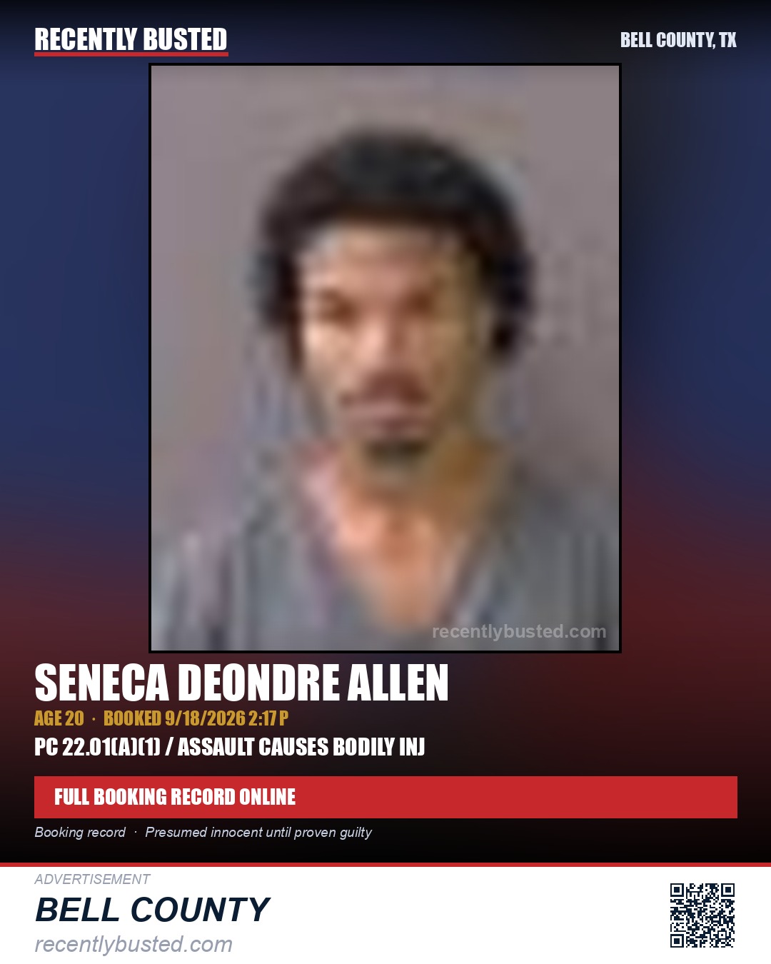 ALLEN, SENECA DEONDRE — arrest record card, Bell County, Texas