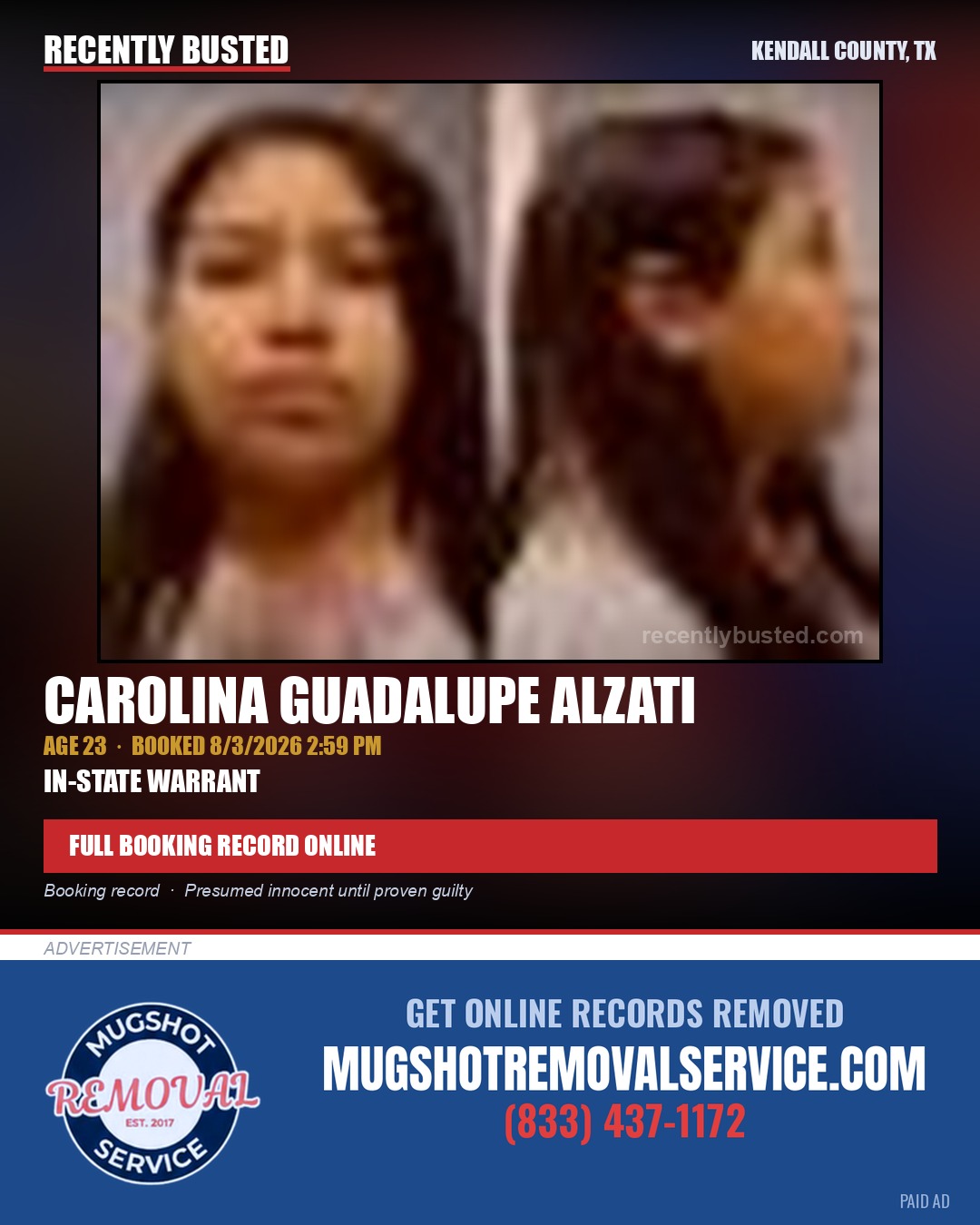 ALZATI, CAROLINA GUADALUPE — arrest record card, Kendall County, Illinois