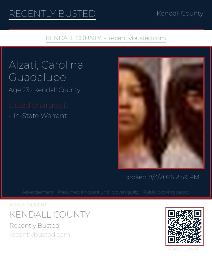 ALZATI, CAROLINA GUADALUPE — arrest record card, Kendall County, Illinois