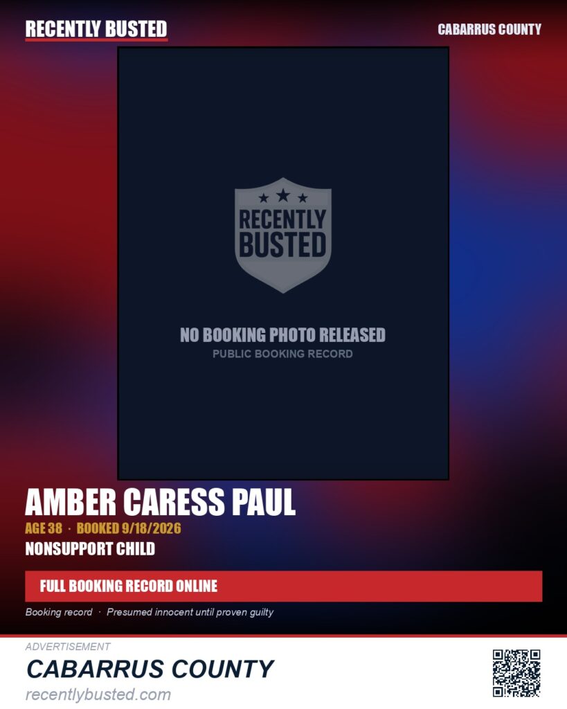 AMBER CARESS PAUL — arrest record card, Cabarrus County
