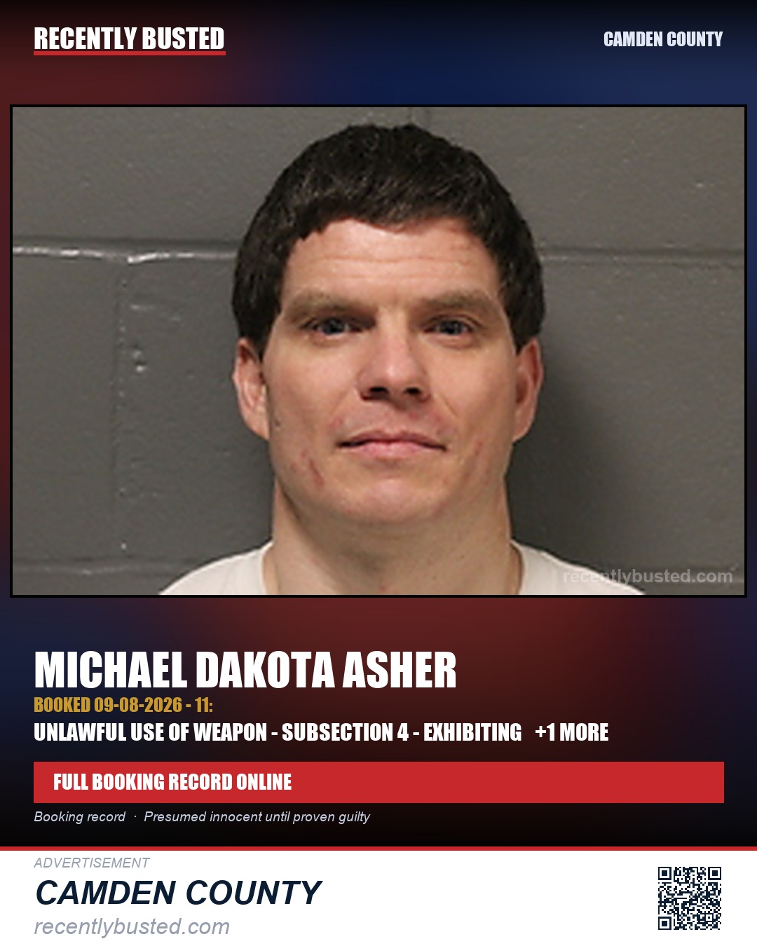 Asher, Michael Dakota — arrest record card, Camden County