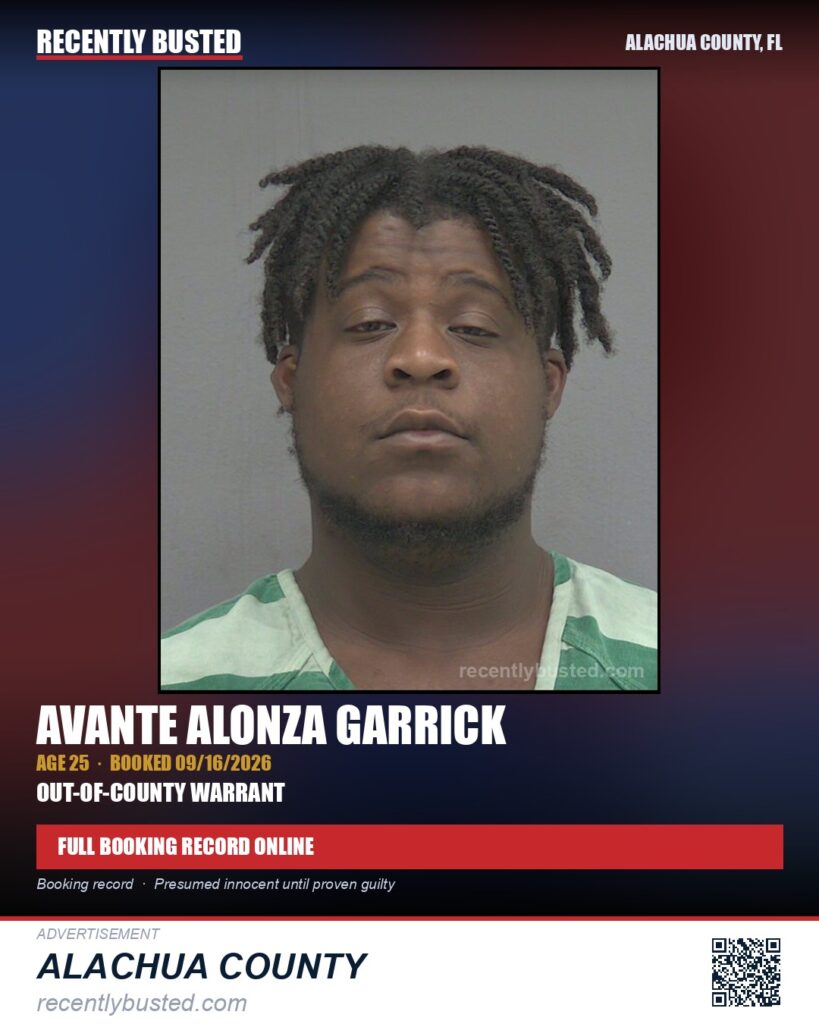Avante Alonza Garrick — arrest record card, Alachua County, Florida