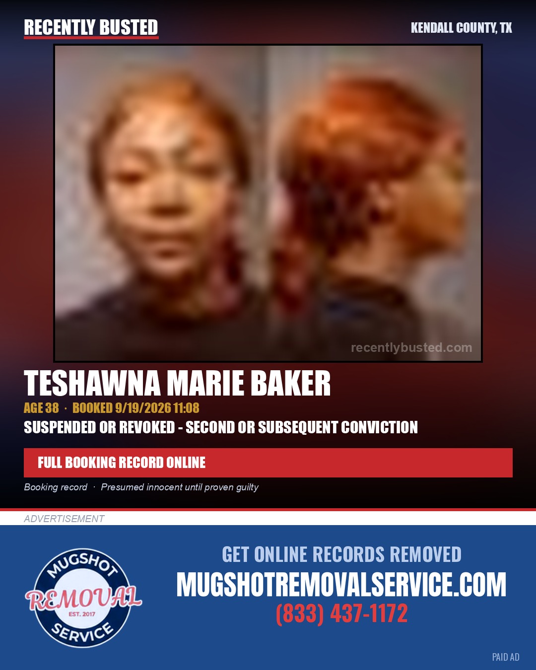 BAKER, TESHAWNA MARIE — arrest record card, Kendall County, Illinois