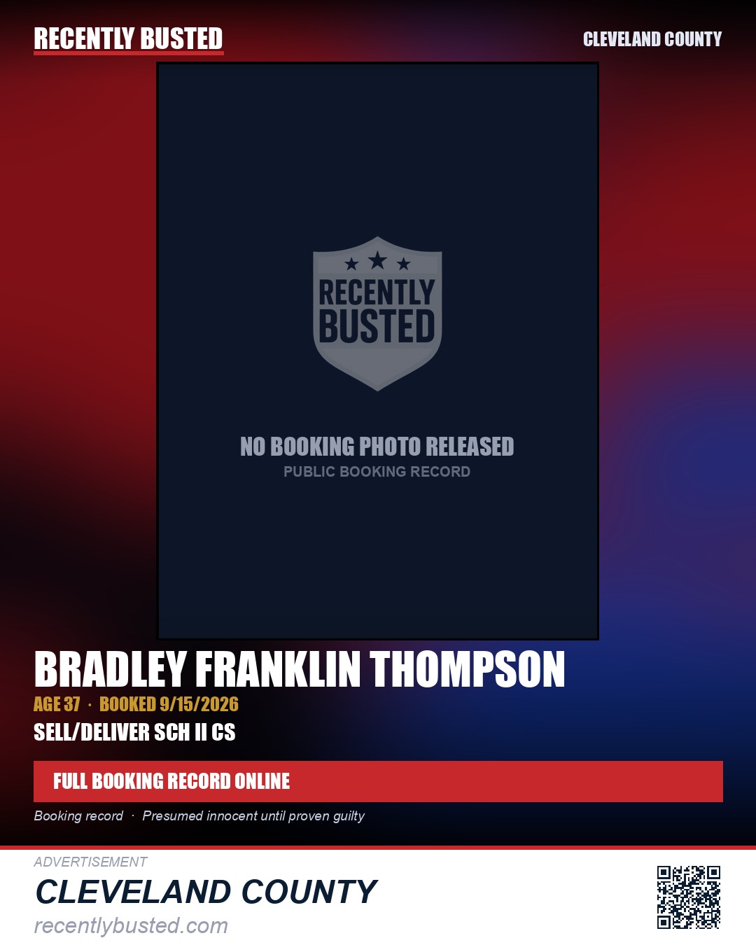 BRADLEY FRANKLIN THOMPSON — arrest record card, Cleveland County