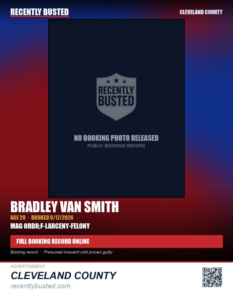 BRADLEY VAN SMITH — arrest record card, Cleveland County