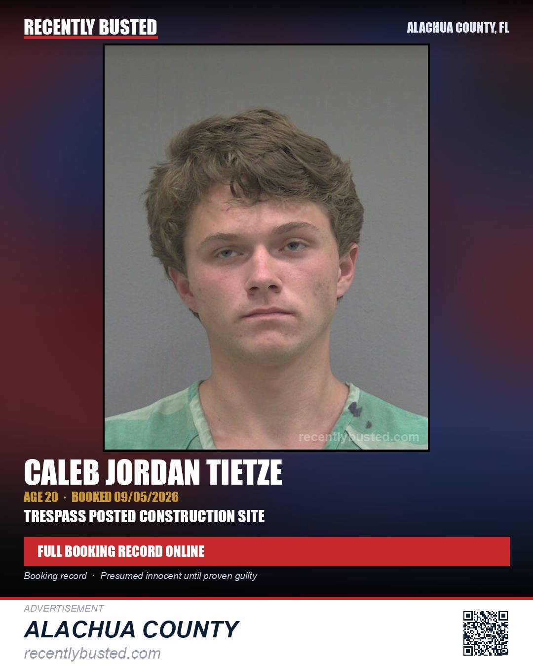 Caleb Jordan Tietze — arrest record card, Alachua County, Florida