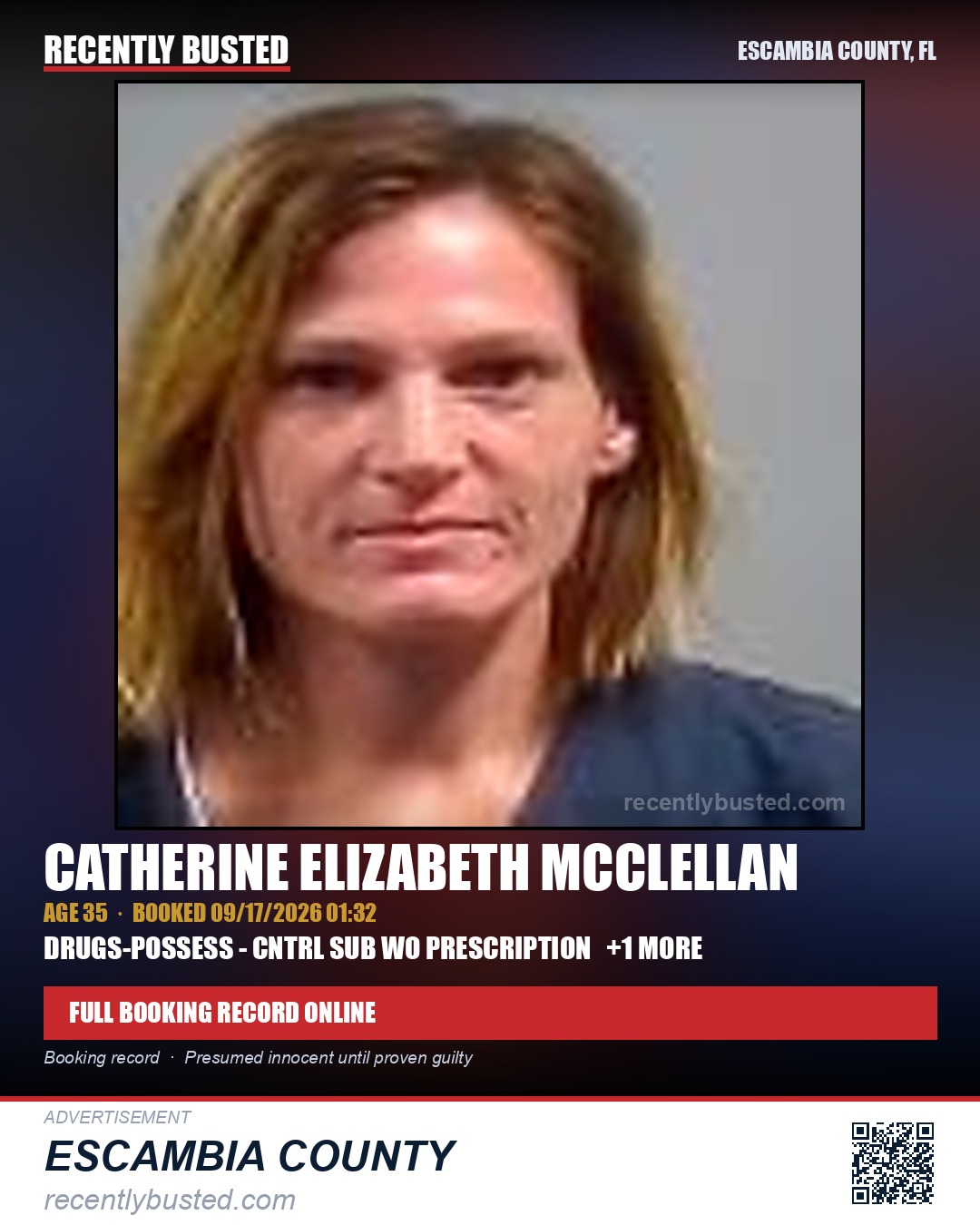 Catherine Elizabeth Mcclellan — arrest record card, Escambia County, Florida