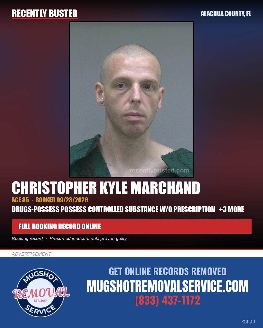 Christopher Kyle Marchand — arrest record card, Alachua County, Florida