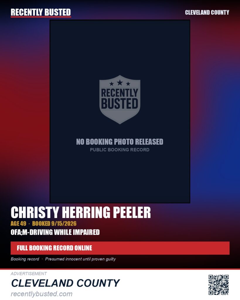 CHRISTY HERRING PEELER — arrest record card, Cleveland County